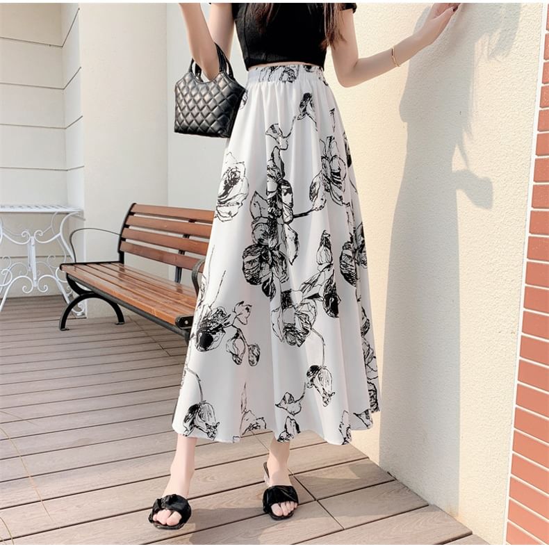 A-Line Midi Skirt Elastic Waist Floral