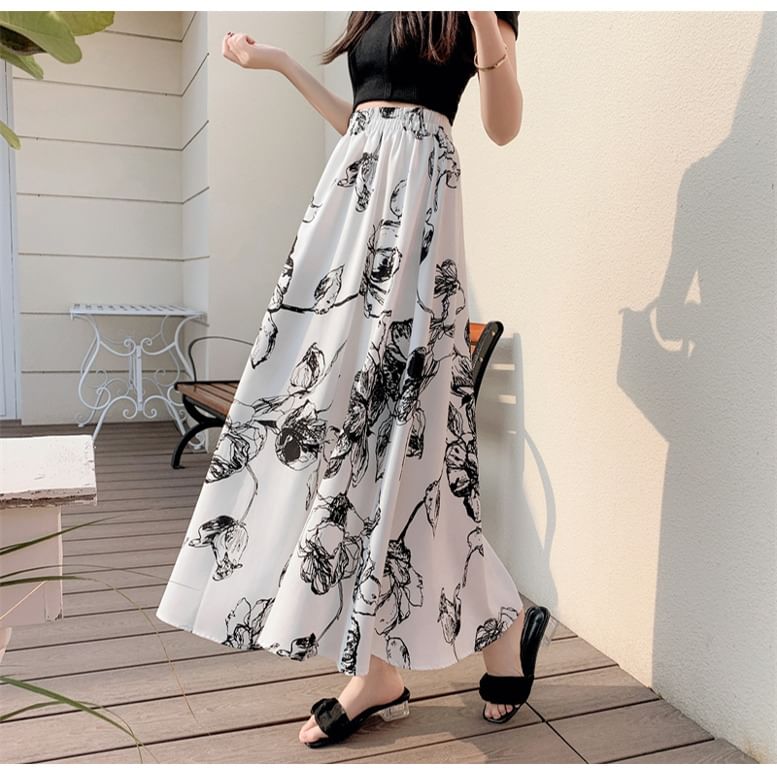 A-Line Midi Skirt Elastic Waist Floral