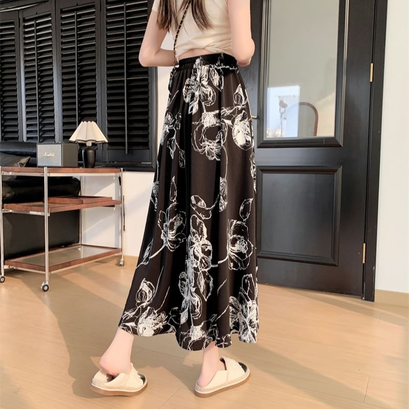 A-Line Midi Skirt Elastic Waist Floral