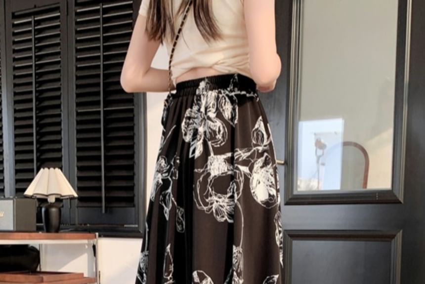 A-Line Midi Skirt Elastic Waist Floral