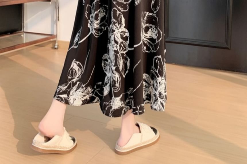 A-Line Midi Skirt Elastic Waist Floral