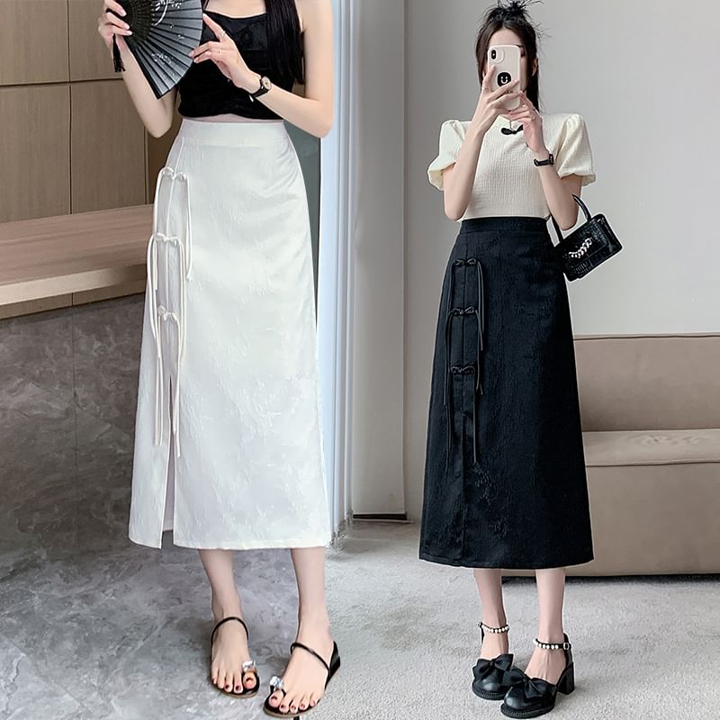 Skirt Midi Floral High Waist Slit A-Line Button Jacquard Frog