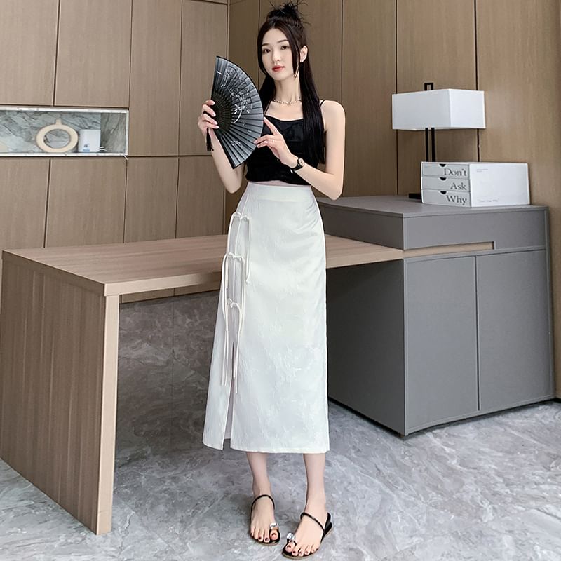 Skirt Midi Floral High Waist Slit A-Line Button Jacquard Frog