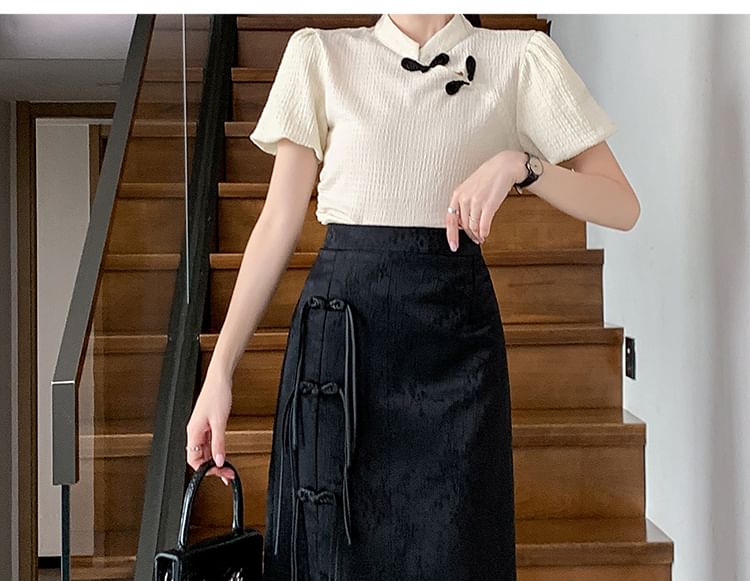 Skirt Midi Floral High Waist Slit A-Line Button Jacquard Frog