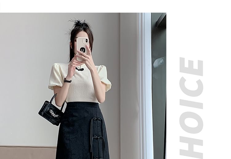 Skirt Midi Floral High Waist Slit A-Line Button Jacquard Frog