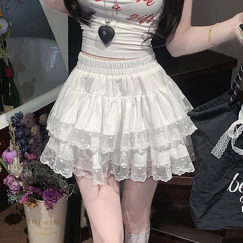 Trim A-Line Lace Tiered Skirt Elastic Waist Plain Mini