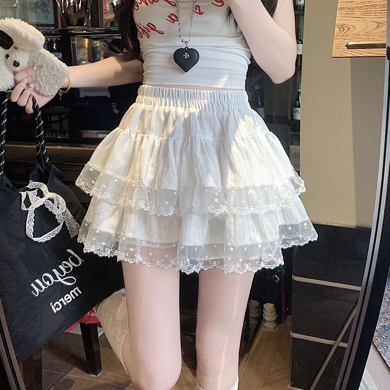 Trim A-Line Lace Tiered Skirt Elastic Waist Plain Mini