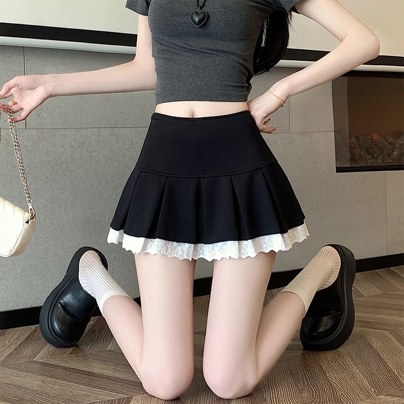 Lace Pleated Trim Skort Waist High