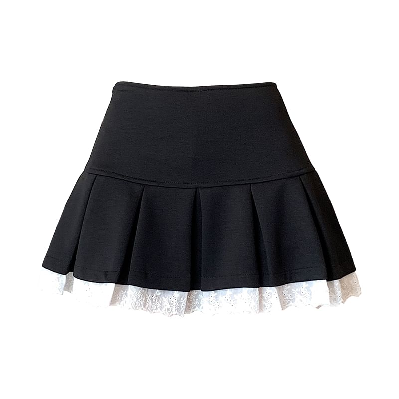 Lace Pleated Trim Skort Waist High