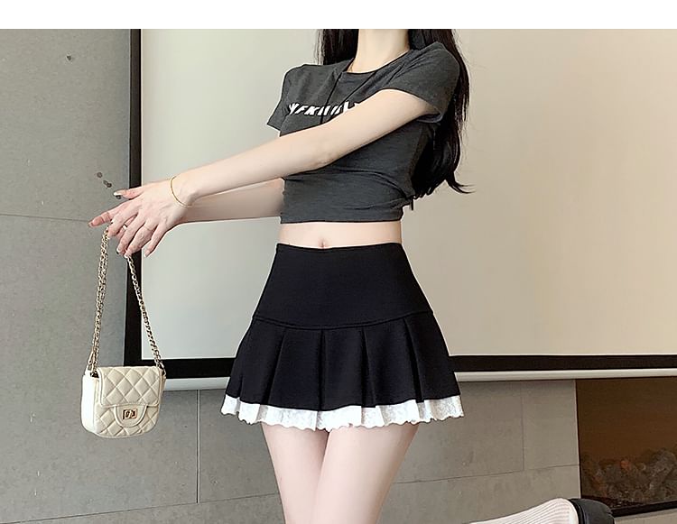 Lace Pleated Trim Skort Waist High