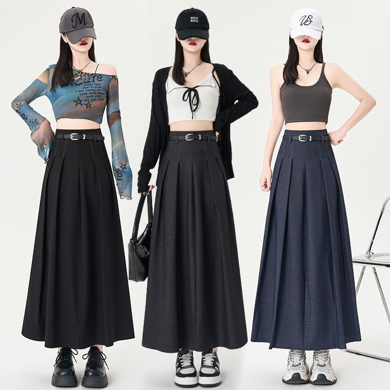 A-Line Midi Skirt Waist Denim Pleated High