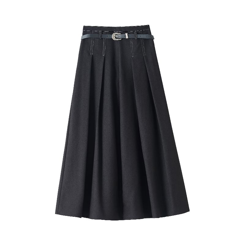 A-Line Midi Skirt Waist Denim Pleated High