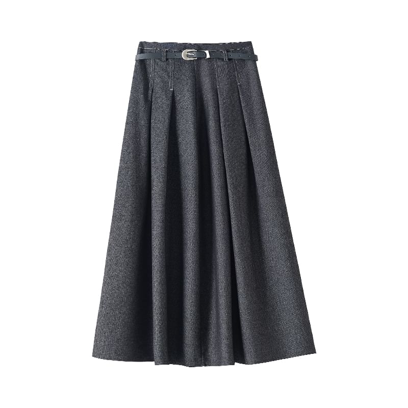 A-Line Midi Skirt Waist Denim Pleated High