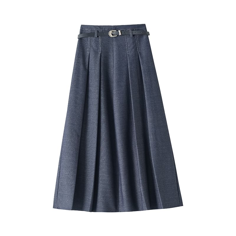 A-Line Midi Skirt Waist Denim Pleated High