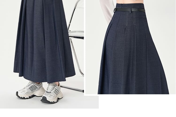 A-Line Midi Skirt Waist Denim Pleated High