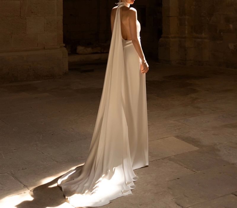 Wedding V-Neck Trained Back Open Satin Gown A-Line Plunge Plain Halter