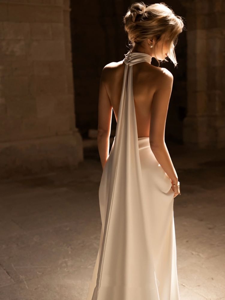 Wedding V-Neck Trained Back Open Satin Gown A-Line Plunge Plain Halter