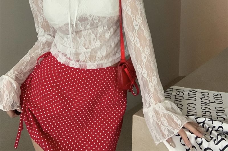 V-Neck Sleeve Long Lace Crop See-Through Top Floral