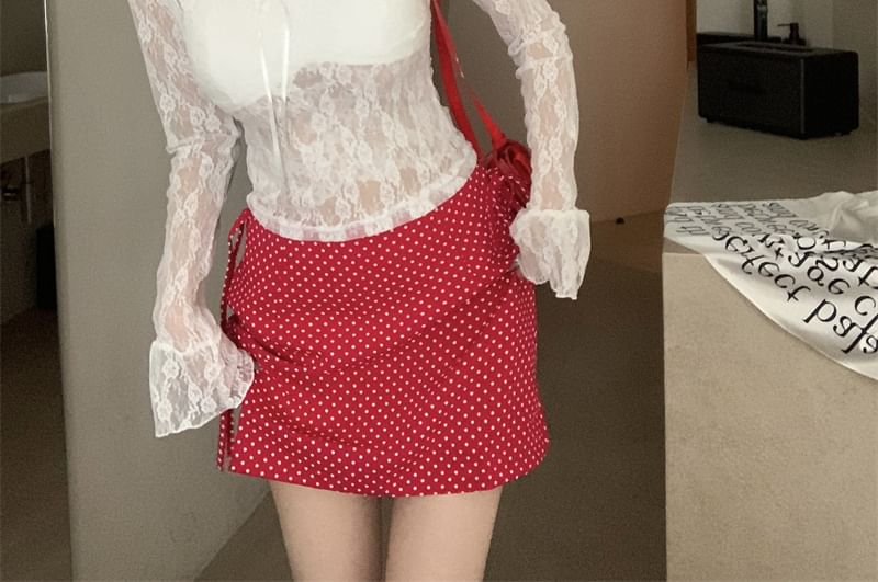 V-Neck Sleeve Long Lace Crop See-Through Top Floral