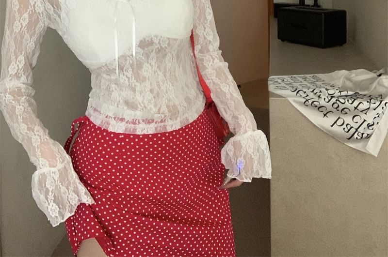 V-Neck Sleeve Long Lace Crop See-Through Top Floral