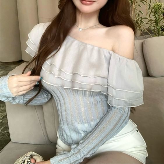 Top Crop Trim Long-Sleeve One Plain Shoulder Glitter Ruffle