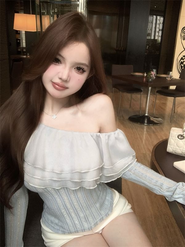 Top Crop Trim Long-Sleeve One Plain Shoulder Glitter Ruffle
