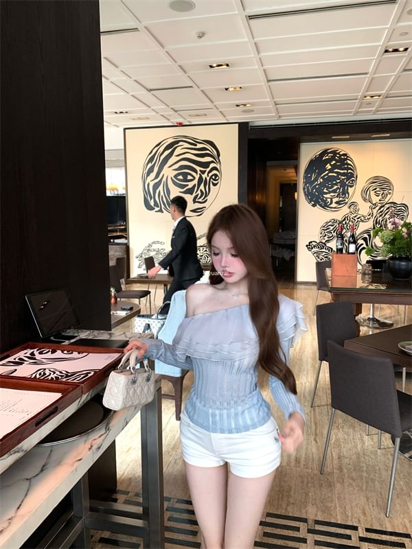 Top Crop Trim Long-Sleeve One Plain Shoulder Glitter Ruffle