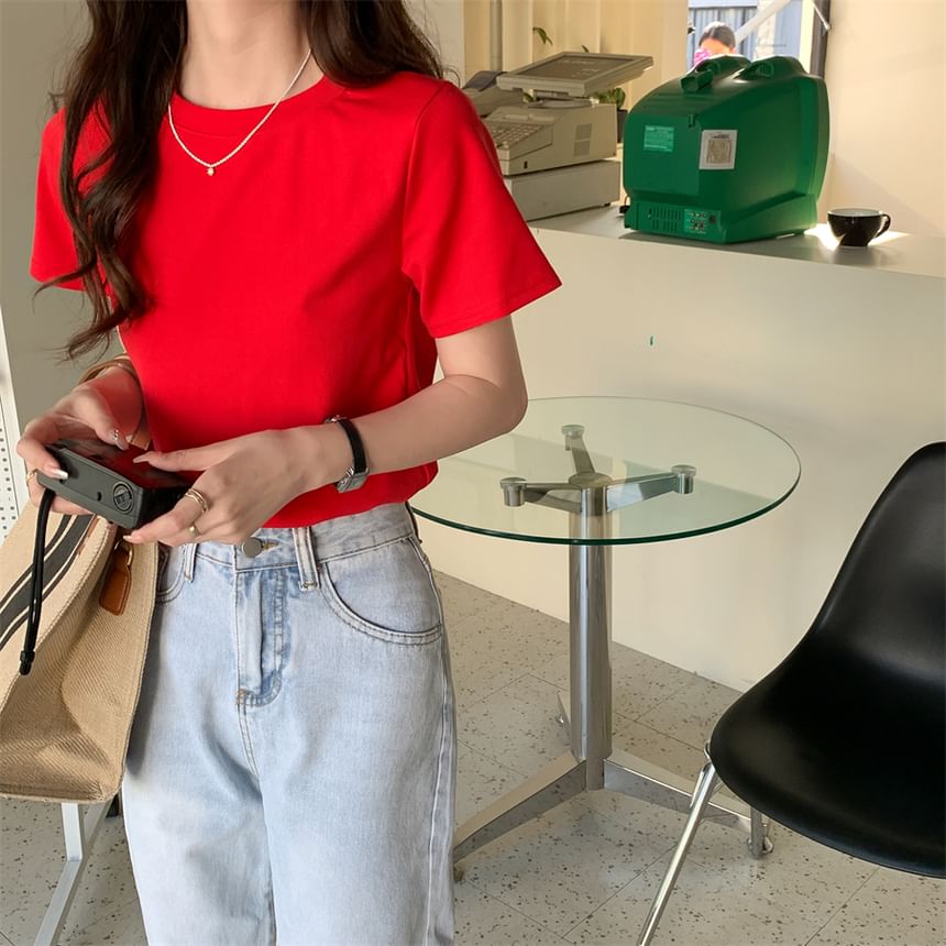 Crop T-Shirt Short-Sleeve Crewneck Plain