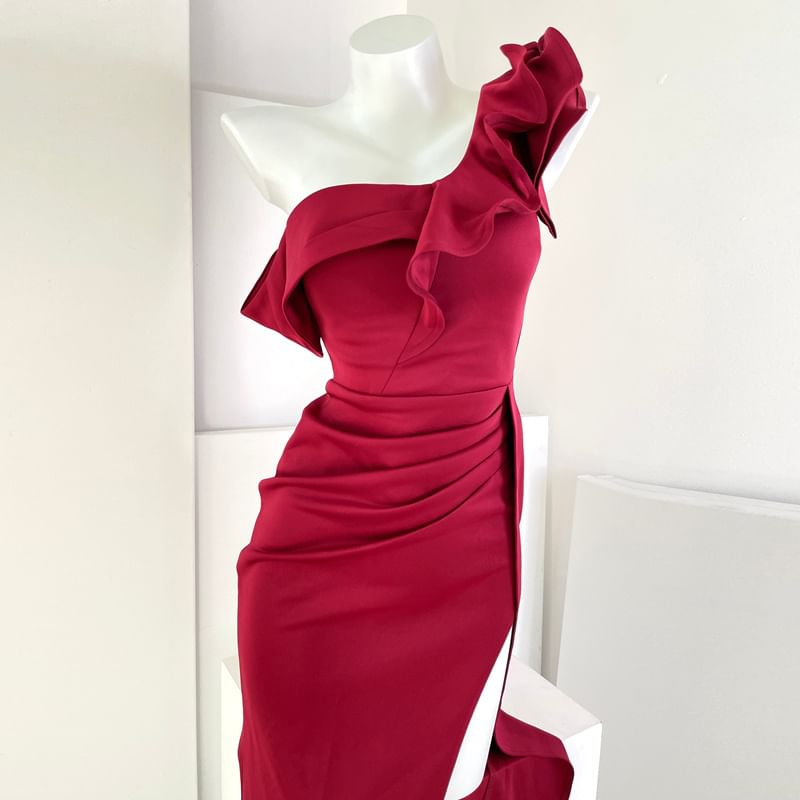 Off-Shoulder Evening Plain Mermaid Ruffle Gown Slit Ruched Trim Cap-Sleeve