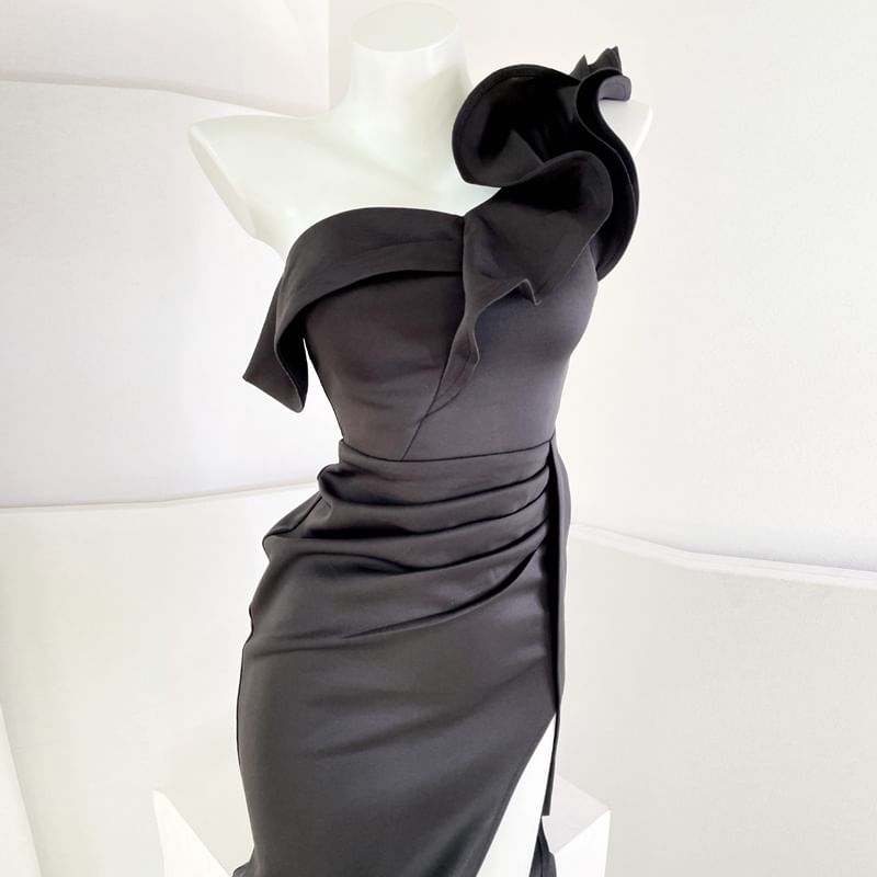 Off-Shoulder Evening Plain Mermaid Ruffle Gown Slit Ruched Trim Cap-Sleeve