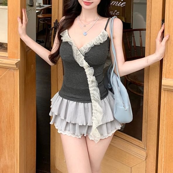 Camisole Panel Top V-Neck Ruffle