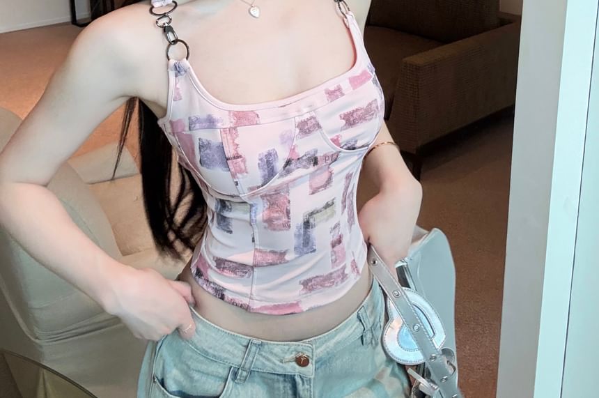 Patterned Print Buckle Top Tank Neck Square