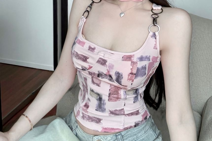 Patterned Print Buckle Top Tank Neck Square