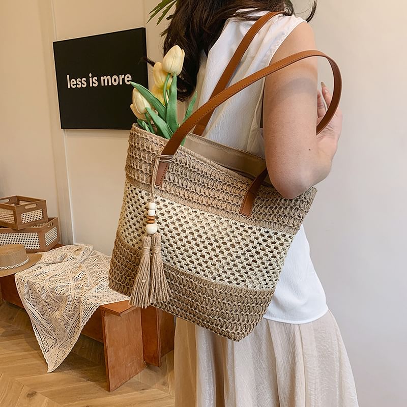 Tassel Woven Two-Tone Tote Bag