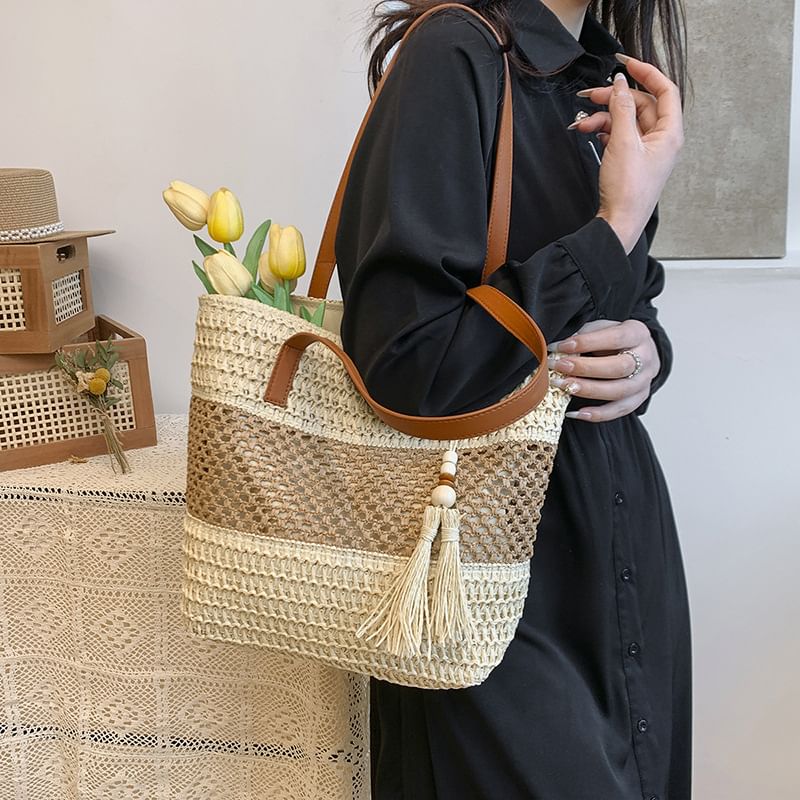 Tassel Woven Two-Tone Tote Bag