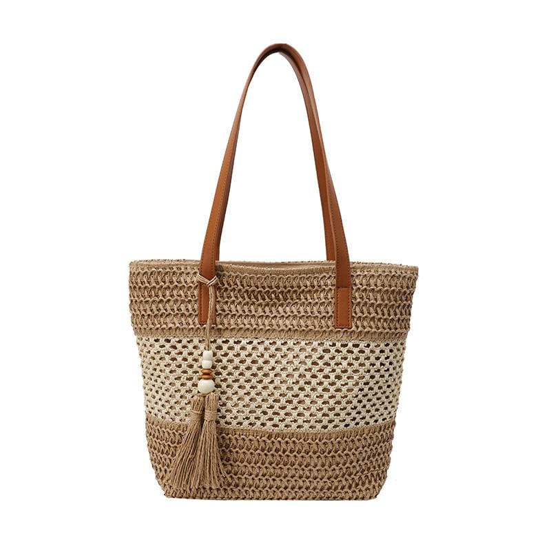 Tassel Woven Two-Tone Tote Bag