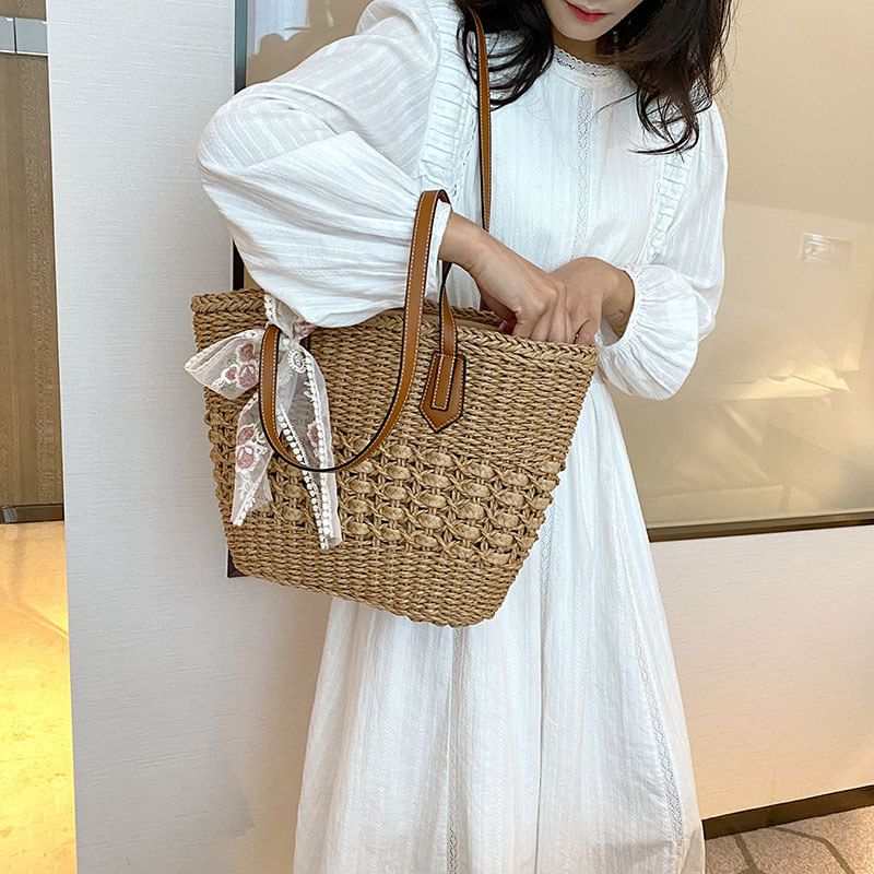 Floral Embroidered Lace Bow Tote Woven Bag