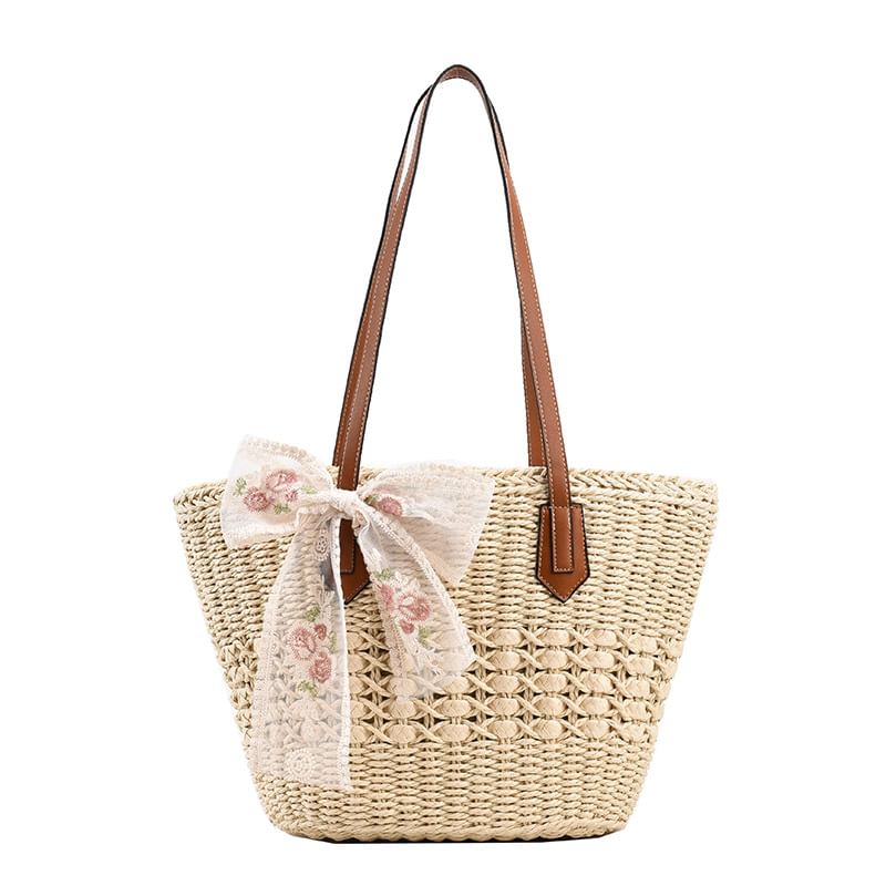 Floral Embroidered Lace Bow Tote Woven Bag