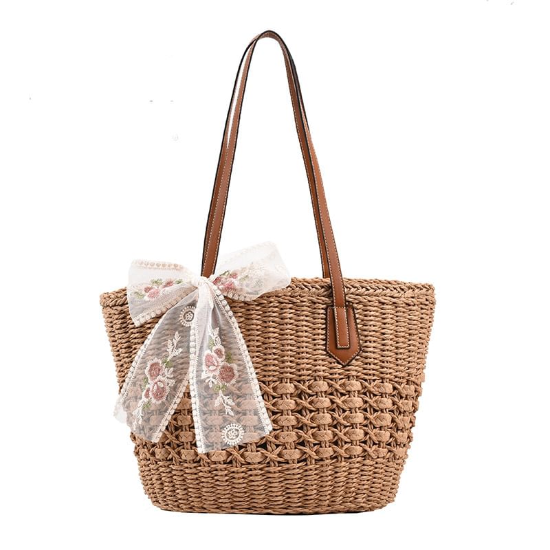 Floral Embroidered Lace Bow Tote Woven Bag