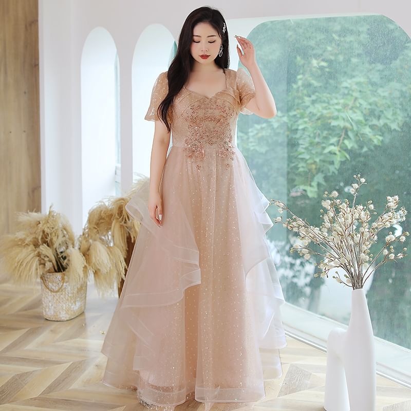 A-Line Gown Size Evening Short-Sleeve Plus Mesh