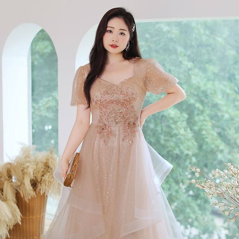 A-Line Gown Size Evening Short-Sleeve Plus Mesh