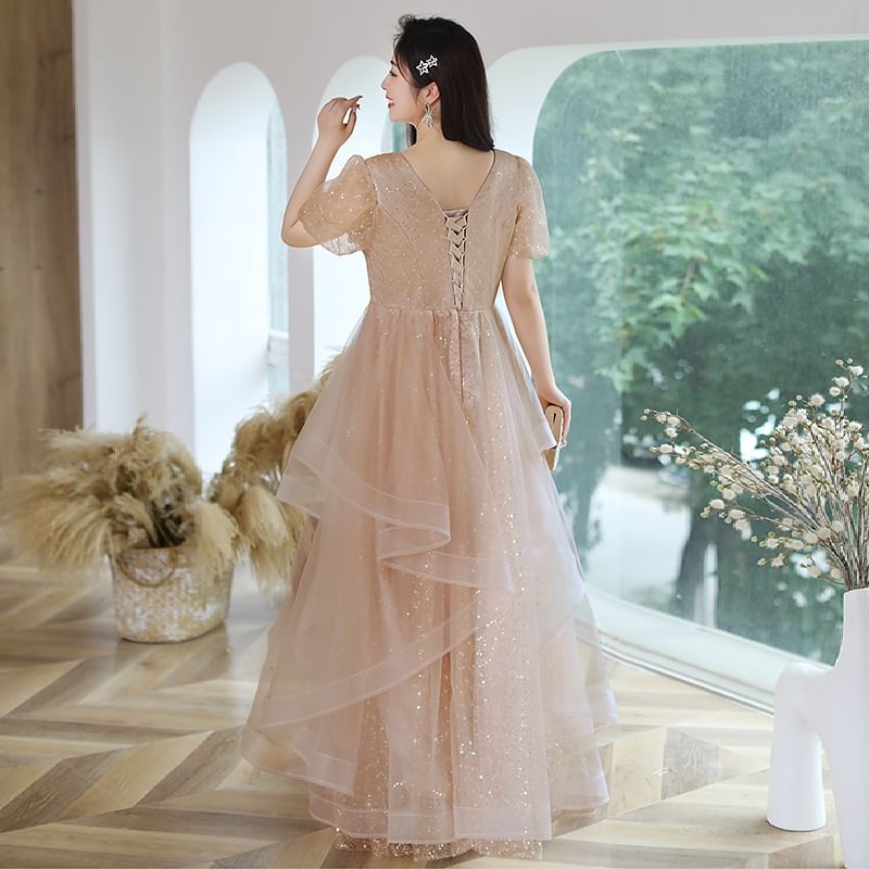 A-Line Gown Size Evening Short-Sleeve Plus Mesh