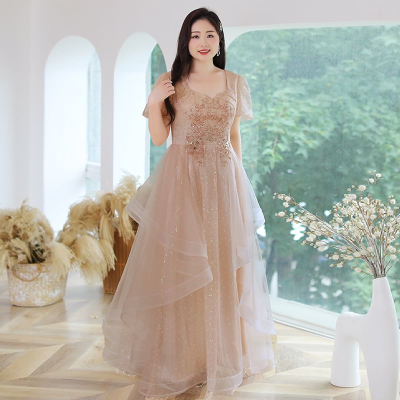 A-Line Gown Size Evening Short-Sleeve Plus Mesh