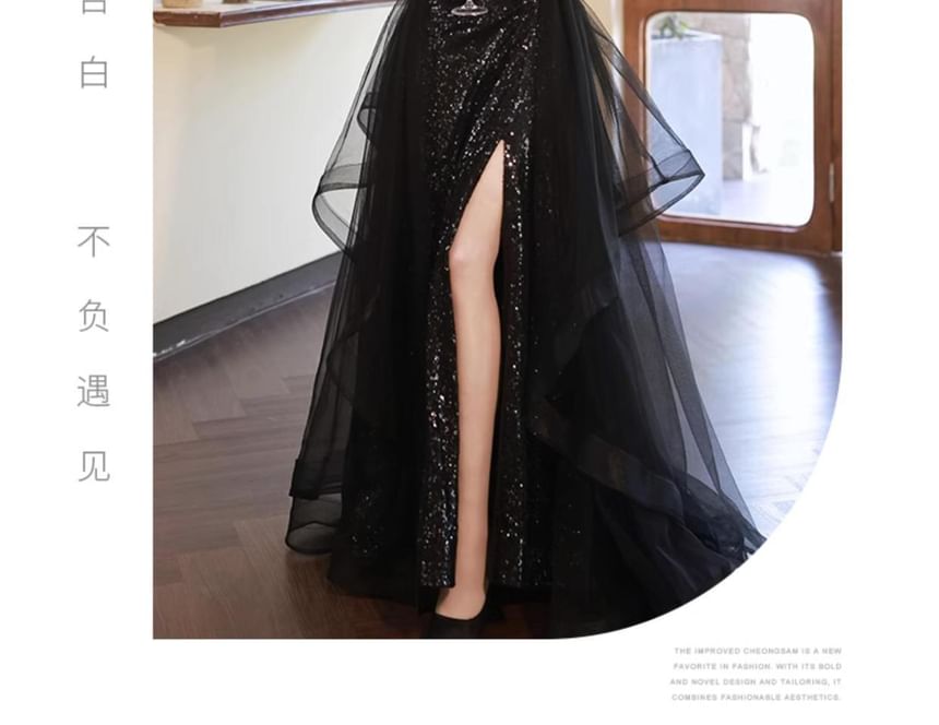 Ruffle A-Line Evening Sequin Strap Side-Slit Spaghetti Gown