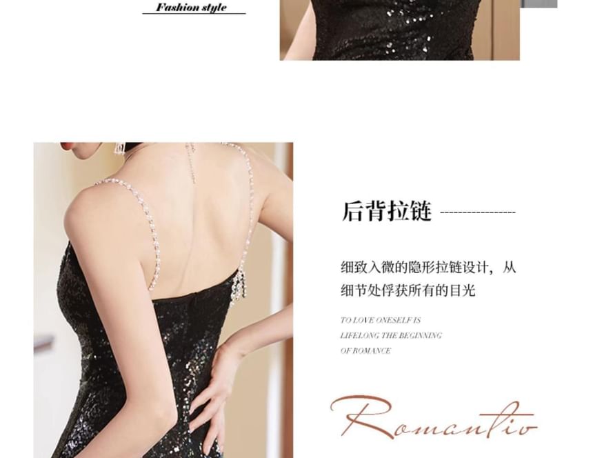 Ruffle A-Line Evening Sequin Strap Side-Slit Spaghetti Gown