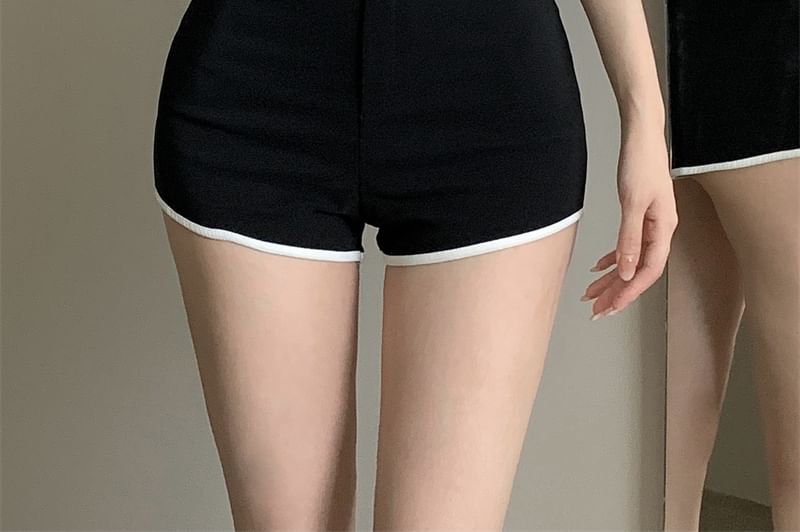 Hot Plain / Scoop Waist Crop Contrast T-Shirt Short-Sleeve Pants High Neck Trim