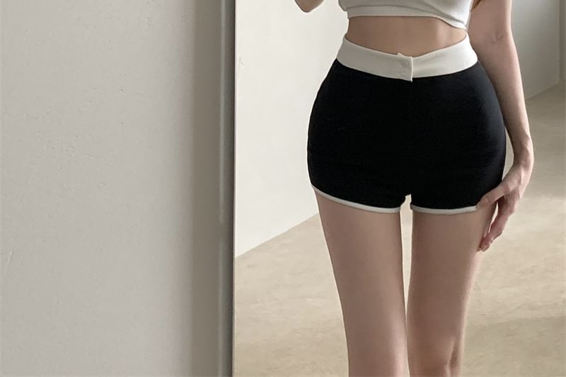 Hot Plain / Scoop Waist Crop Contrast T-Shirt Short-Sleeve Pants High Neck Trim