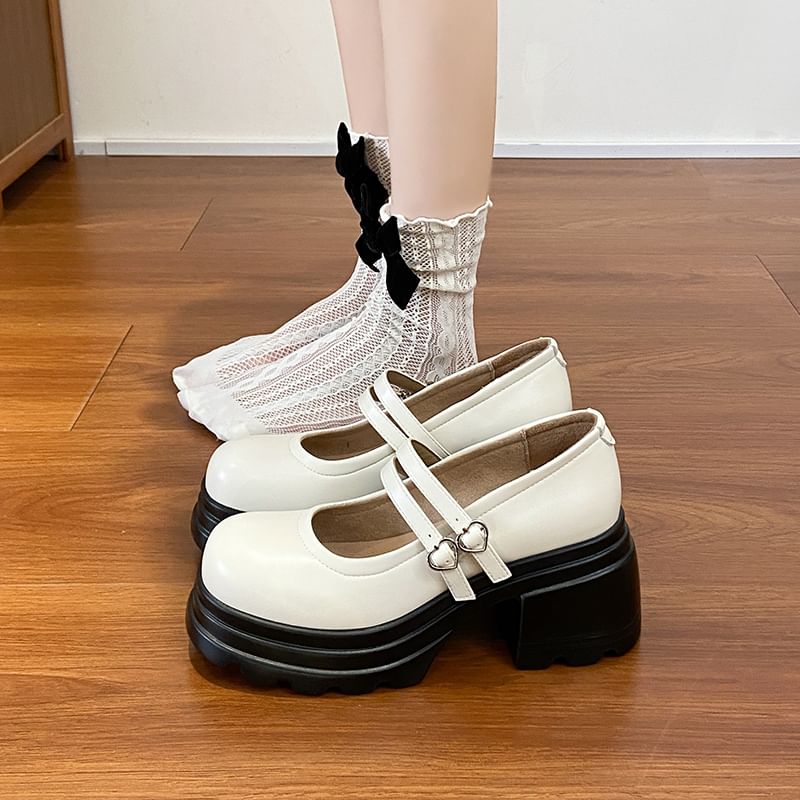 Jane Platform Strap Shoes Double Heart Buckled Genuine Mary Leather