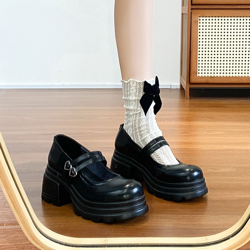 Jane Platform Strap Shoes Double Heart Buckled Genuine Mary Leather