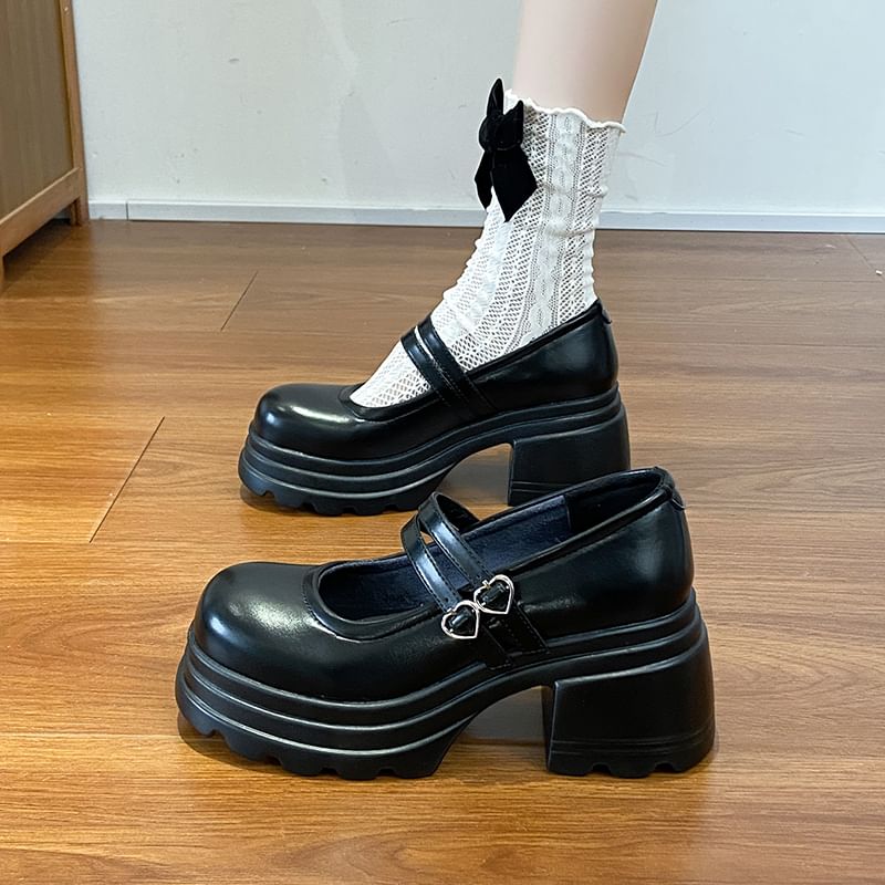 Jane Platform Strap Shoes Double Heart Buckled Genuine Mary Leather